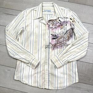 Ice Jeans by Iceberg Italy Striped ButtonUp Shirt Paisley Print Front M Y2K Goth
